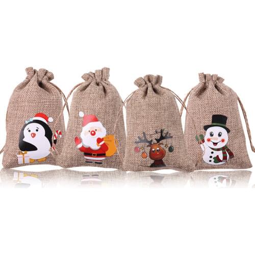 5pcs Santa Linen Candy Gift Bag Snowflake Crisp Bag Drawstring Bag Merry Christmas Decorations for Home New Year 2022 Presents