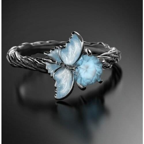 Antique Silver Pure Ice Enamel Ring 925 Sterling Silver Blue Sapphire Butterfly Ring Anniversary Gift Engagement