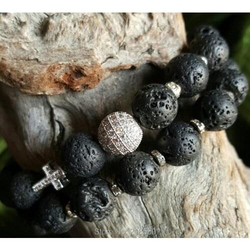 Lava Rock Beads Pave Cross and Pave CZ Ball Bracelet Set of 2 SE21610