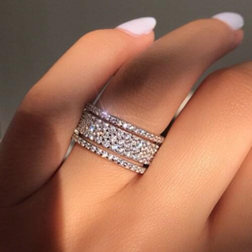 Elegant Shine Silver Color Rhinestone Crystal Ring Wide Stainless Steel Love Rings For Women Wedding Engagement Jewelry Gifts
