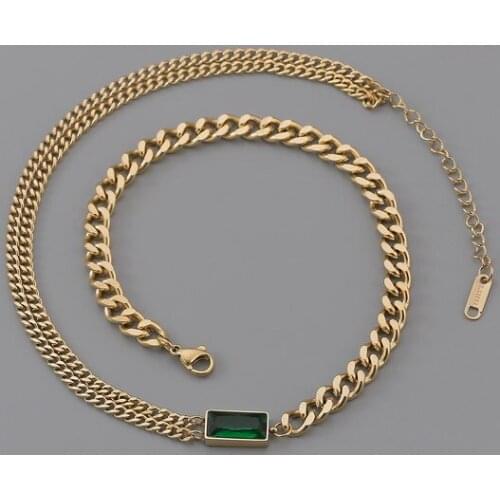 Ins Hot Retro Personality Temperament Green Square Zircon Asymmetrical Necklace Bracelet For Women Girls Trendy Jewelry Gift