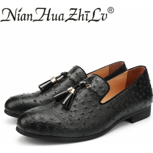 Men Shoes Black Ostrich Leather Casual Shoes Golden Tassel Luxury Brand Loafers