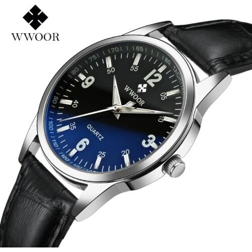 WWOOR Luxury Top Brand Men Quartz Watch Genuine Leather Band Blue Glass Waterproof Business Wristwatch Gift relogio masculino #a
