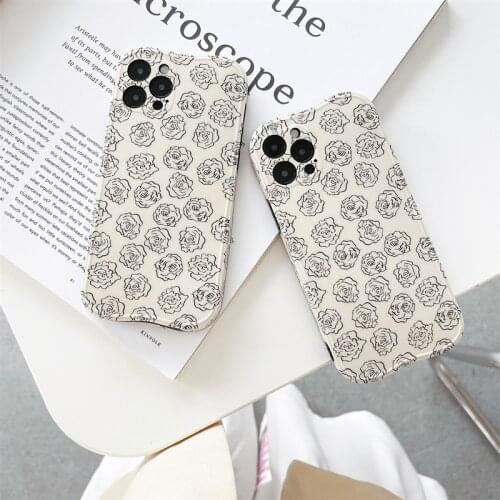 Retro sweet rose vintage line art Japanese Phone Case For iPhone 12 11 Pro Max Xs Max XR Xs 7 8 Plus 7Plus case Cute Soft Cover