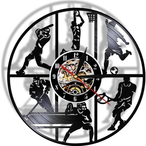 Multiple Sport Vinyl Record Wall Clock Baseball Basketball Football Soccer Hockey Tennis Handicraft Art Carved Music Album Clock