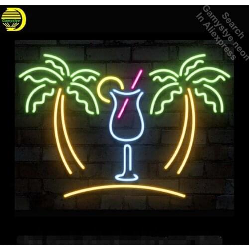 Neon Sign Palm Tree with Cup Neon Bulb Sign Drink Handcrafted Beer Pub Sign Decorate Windows Neon Light Sign Advertise Art Lamp