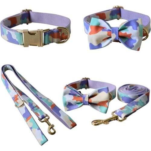 Camouflage 01 The Purple Bottom Free Engrave Fabric Dog Collar Leash Set For Medium Big Pet Necklace With Bow Tie Name Necklace