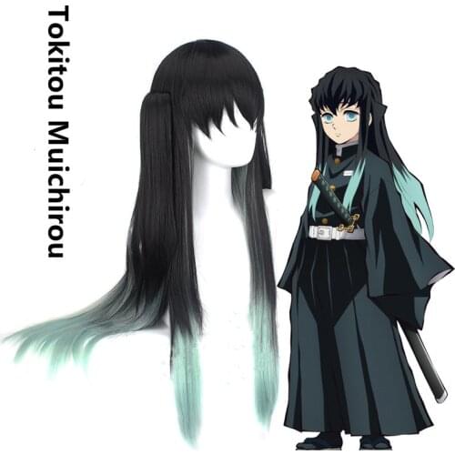 Demon Slayer Cos Wig Tokitou Muichirou Wig Comfortable Black Gradient Color Mixing Blue and Green Double Ponytail Any Face Shape