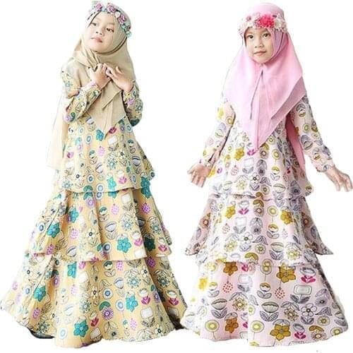 Muslim Girls Dress Islamic Long Hijab Abaya Children Clothes Kids Maxi 2 Piece Sets Flower Kaftan Jilbab Party Gowns