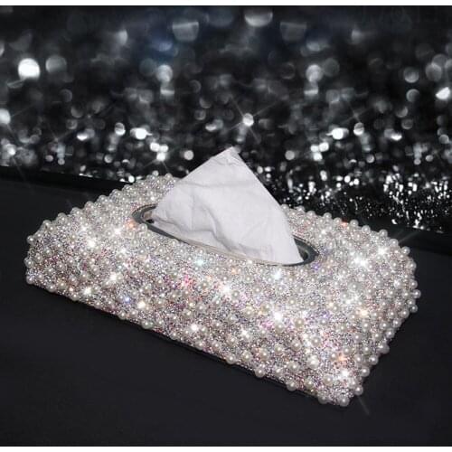 Luxury Leather Car Tissue Box for Paper towel Cover Crystal Rhinestone Block Paper Storage Box White Red Black Colorful