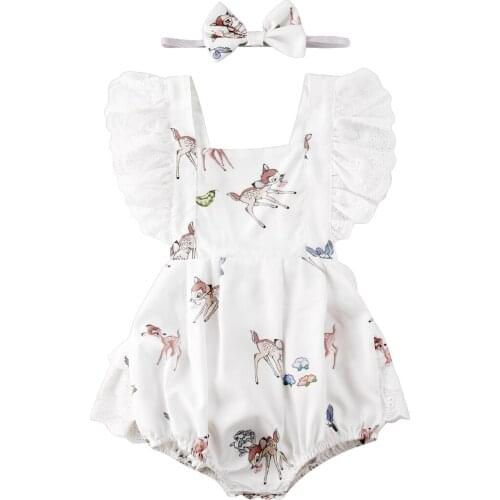 Christmas Infant Baby Girl Clothes Ruffle Lace Deer Print Romper+Headband Outfit