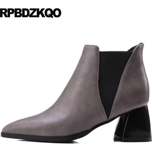 Slip On Ankle Women Boots Winter 2021 Big Size High Heel 10 Grey Chunky Chelsea Plus Block Shoes 13 45 Pointed Toe Fur Booties