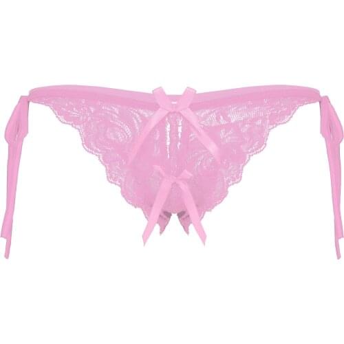 Mens Lingerie Crotchless G-string Lace-up T-back Sissy Underwear Low Waist Floral Lace Thong Briefs Nightwear for Lingerie Night