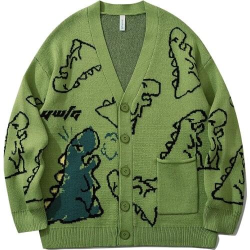 Sweatercoat Men Hip Hop Knitwear Harajuku Streetwear Fashion Outwear Cartoon Dinosaur Print Pullover Sweaters Graffiti Cardigan