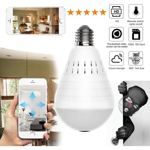 In Store 360 Degree LED Light 960P HD Wireless Panoramic Home Security WiFi Fisheye Bulb Lamp IP Camera Two Ways Audio White
