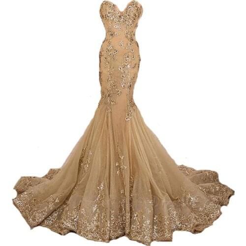 Champagne Evening Dresses Mermaid Sweetheart Tulle Lace Formal Islamic Dubai Saudi Arabic Long Evening Gown Prom Dresses
