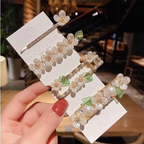 High Quality Korean Sweet Rhinestone Pearl Shell Flower hair Clip Girls Bangs Hairpins Prom Hair Decoration for Women Headdress