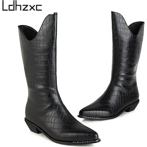 LDHZXC 2020 Winter boots women Mid Calf Boots Casual wedges high Heels women shoes Vintage Women Boots botas mujer size 43 45