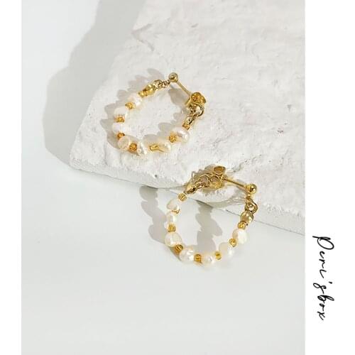 PerisBox Romantic Baroque Freshwater Pearl Hoops Huggie Earring For Women Trendy Vintage Gold Color Brass Pearl Hoop Earrings