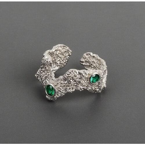 Binmonray 925 Sterling Silver Vintage Lava Irregular Twisted Bump Texture Green Zircon Inlaid Rings for Women Fashion Jewelry
