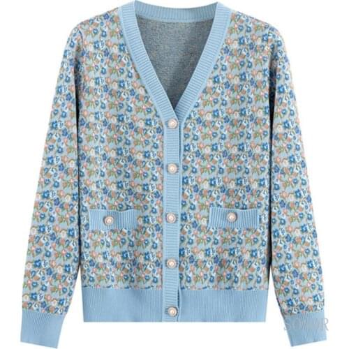 Floarl Jacquard Vintage Cardigan Women 2021 Autumn Winter Sweater Cardigan Fashion V-neck Single Breasted Sweater Coat Outwear