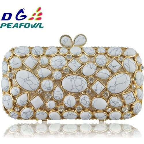 Natural Stone Women Luxury Crystal Evening Bags Bridal Wedding White Clutch Purse Hardcase Gold Metal Party Shoulder Handbag