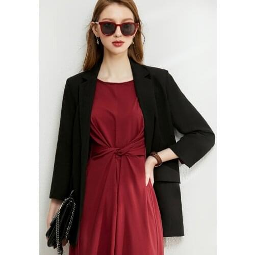 Women Vintage One Button Pocket Black Fall Winter Office Wear Minimalist Mid Long Blazer Formal Business Suit Jackets Coat