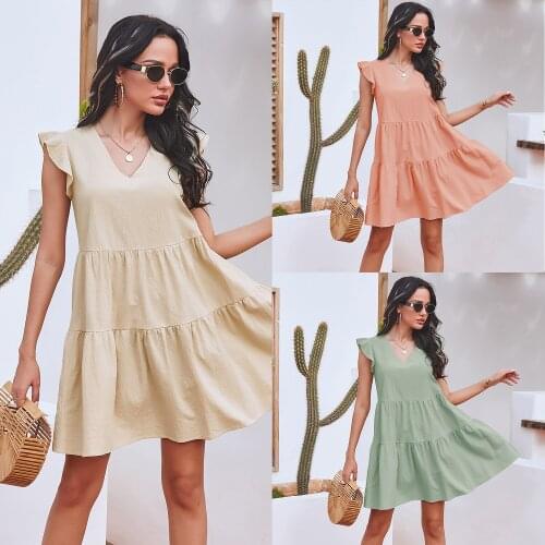 Summer New Style Solid Color Splicing V-neck Short Sleeve Dress Womens Holiday Party Sexy Cool Dress Outdoor Beach Travel Dress