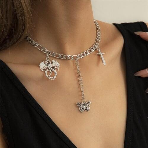 Hollow Out Butterfly Multi-element Necklace Unique Diablo Series Wind Flying Dragon Sword Combination Set Female Necklace 2021