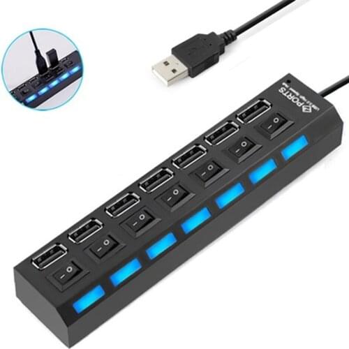 7 Ports USB Hub LED USB 2.0 Adapter Hub High Speed Multi-Port Socket Powered ON/OFF Switch Charging Port Splitter For PC Laptop