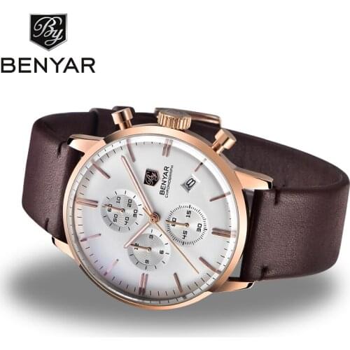 BENYAR Mens Watches Top Luxury Brand Gold Quartz Men Watch Chronograph Men Waterproof Leather Fashion Clock Relogio Masculino