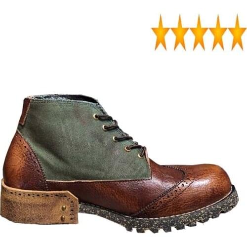 Leather Genuine Vintage Work Mens Safety Canvas Patchwork Motorcycle Ankle Boots Block Heels Lace Up High Top Riding Shoes