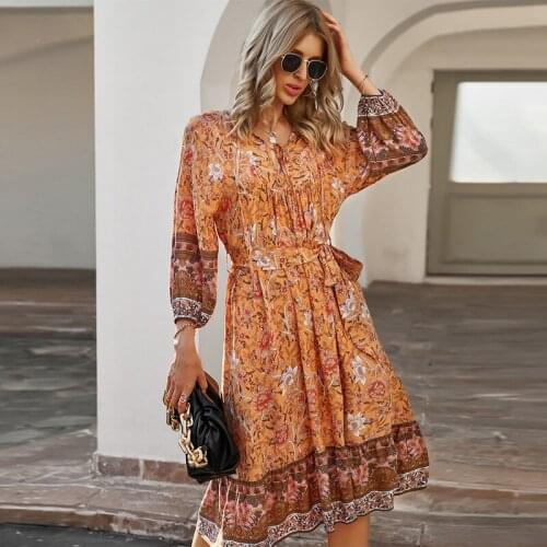 Design Bohemian Holiday Style Printed Dress With 7-Point Sleeves A-Line Skirt Women Dresses For Female Casual Printing
