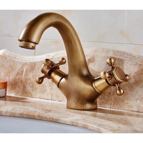 Bathroom Faucet Antique Brass Double Cross Handles Bathroom Basin Faucets Deck Mount Bathbasin Vanity Mixer Taps znf035