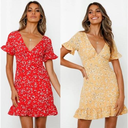 Red Sexy V Neck Floral Print Falbala Dress Fashion Mini Dress Women Boho Ruffle Hem Flare Sleeve Summer Female Dresses Vestidos