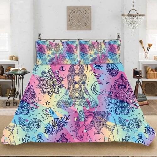 Fashion Bohemian Ethnic Style Bedding Set Colorful Duvet Cover Pillowcase Elephant Floral Yoga Girl Double Queen Size Bed Set