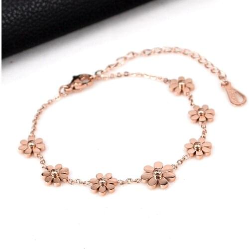YUN RUO Fashion Brand Rose Gold Color Daisy Flower Bracelet Charms 316L Stainless Steel Jewelry Woman Chain Link Prevent Fade