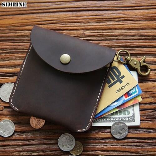 SIMLINE Crazy Horse Genuine Leather Coin Purse Men Vintage Handmade Short Small Coin Pocket Case Card Holder Wallet Money Bag