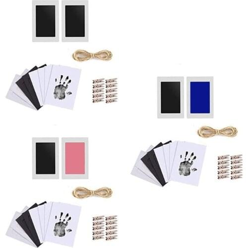 Newborn Baby Footprint Handprint Kit Durable Safe Nontoxic Ink Pad Imprint Cards Paper Photo Frame Clips Hemp Rope