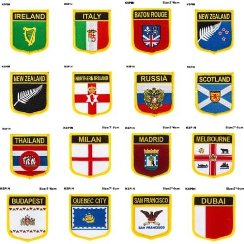 Shield Shape Flag Patches Italy New Zealand Scotland Thailand Budapest Quebec City San Francisco Dubai Hamburg Milan