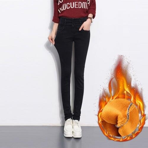 New 2020 Winter Black With High Waist Denim Pants Women Fleece Warm Jeans For Women Skinny Jeans Woman Three Buttons Female Jean
