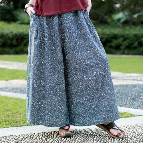 New Spring Autumn Cotton Linen Womens Pants Bottoms Loose Casual Pants Printing Wide Leg Culottes