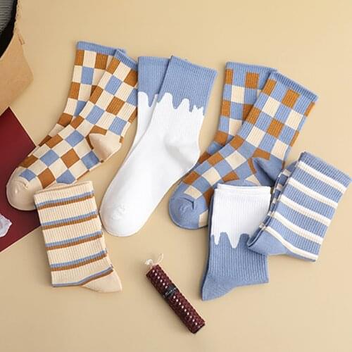 Q Japanese Blue Women Socks Cotton Mid Tube Breathable Stripe Square Patchwork Color Girls Socks Sokken Dropshipping Supply