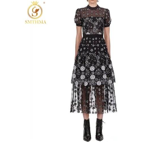 SMTHMA New Luxury Runway Summer Dress Women Embroidery lace dress round collor short sleeve female black flower midi Dress