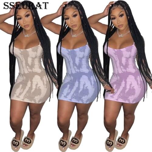 SSEURAT Women Dress Print Skinny Elastic Mini Dress Spaghetti Strap O-neck Office Lady Street Sexy Bodycon Dress Summer Outfit
