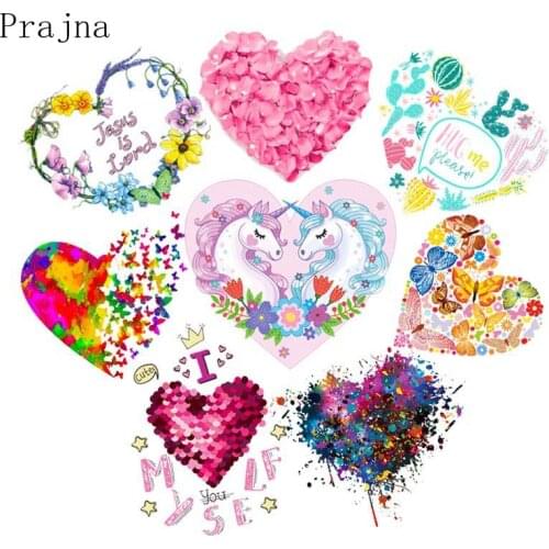 Colorful Love Heart Stickers Iron-On Transfers For Clothing Thermoadhesive Patches Flower Unicorn Applique Iron On Patches DIY