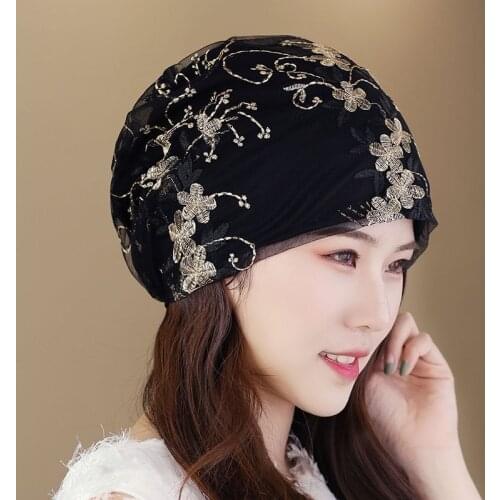 Thin Lace Summer Turbans For Women Muslim Hats Embroidery Hijab Caps Elegant Lady Turbantes Bonnet Femme Musulman Head Wrap Cap