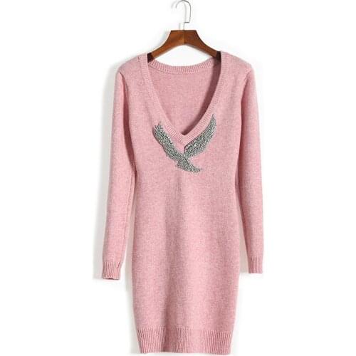 Ukraine Sale Wool Zanzea Dress Womens Knit Dress 2021 New Slim V-neck Diamond-cut Cashmere Warm Winter Bodycon Long Sleeve