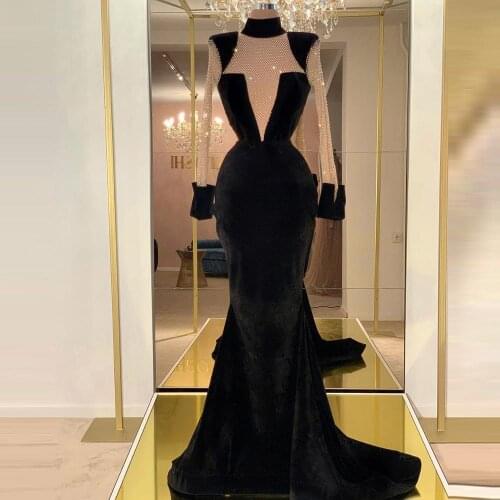 See Thru High Neck Velour Mermaid Evening Dresses Custom Made Simple Long Sleeves Formal Party Gowns robe de soiree Pageant Gown