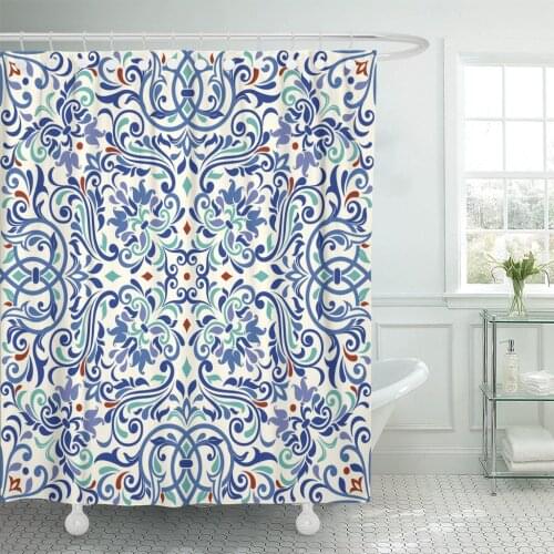 Beige Moroccan Turkish Colorful Pattern Endless Ceramic Linoleum Blue Shower Curtain Waterproof Fabric 72 x 72 Inches Set